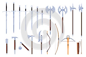 Medieval melee weapons for attack and defense. Forged metal swords, axes, ranged weapons. Vector illustration