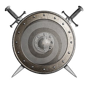 Medieval metal shield with crossed swords isolated 3d illustration