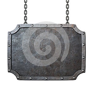 Medieval metal sign or frame with chains isolated