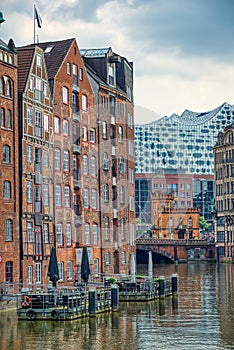 Medieval and modern buildings along Zollkanal in Hamburg, Germany