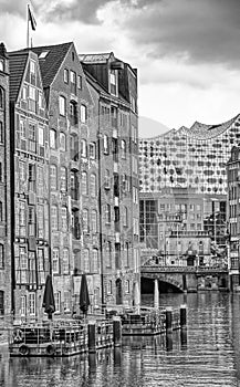 Medieval and modern buildings along Zollkanal in Hamburg, Germany