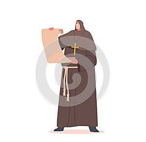 Medieval Monk with Old Parchment in Hands, Historical Personage Wear Long Robe with Hood and Cross, Ancient Chronicler