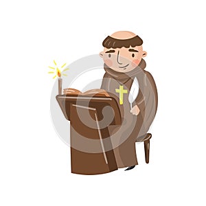 Medieval monk scribe character writing a chronicle of contemporary events cartoon vector Illustration