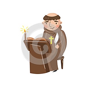 Medieval monk scribe character writing a chronicle of contemporary events cartoon vector Illustration photo