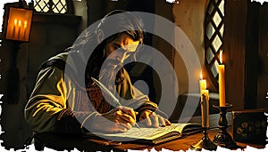 Medieval monk writing quill pen, history scribe, vintage study, literature, Stock Photo, Generative AI photo