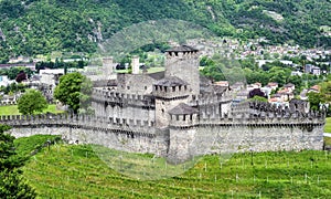 Medieval Montebello and Castelgrande castles in Bellinzona, Switzerland photo