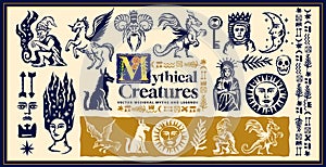 Medieval Mythical Creatures Linocut Engraved Vector