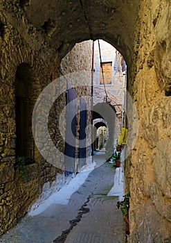 Medieval village narrow alley, Chios Greece.