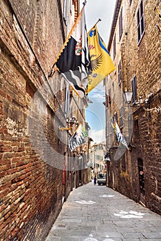 Medieval narrow street with flags Contrade of Siena, Italy