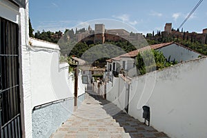 Medieval neighborhood of El Albaicin (or Albayzin) in Granada (Andalusia Spain). La Alhambra