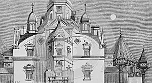 Medieval observatory in the old book the Martyrs of Science , by G. Tissandier, 1880, St. Petersburg
