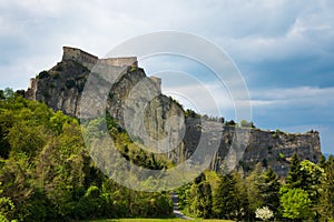 Medieval old fortress of in San Leo town on rock in the Marche regions in Italy