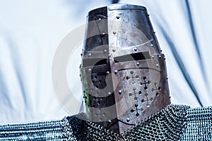 Ancient Medieval Knight Helmet and Chain Mail on Display - Middle Ages Armor Concept
