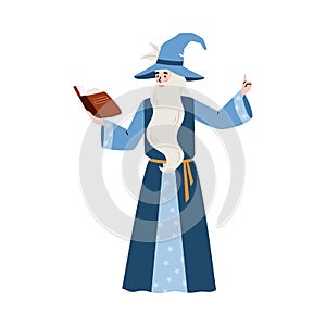 Medieval old magician holding magic book flat vector illustration isolated.