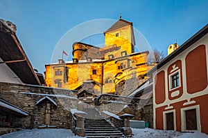 The medieval Orava Castle at sunset in winter season, Slovakia