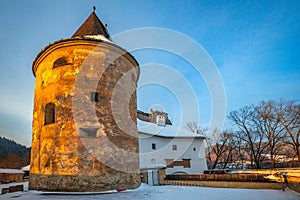 The medieval Orava Castle at sunset in winter season, Slovakia