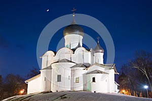 Medieval orthodox church of Basil the Great on February night. Pskov