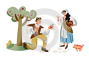 Medieval peasants collecting apples. Young happy woman and man helping in Middle Ages vector illustration. Historical