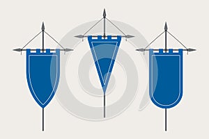 Medieval Pennant Hanging on Flagpole. Set of Blank Flags. Blue Template Banner and Poster Vector