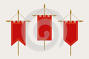 Medieval Pennant Hanging on Flagpole. Set of Blank Flags. Red Template Banner and Poster Vector