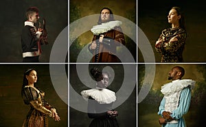 Medieval people as a royalty persons in vintage clothing on dark background. Concept of comparison of eras, modernity