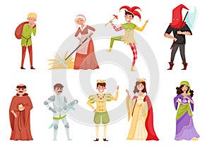 Medieval People Characters with Churchman and Peasant Working in the Field Vector Set