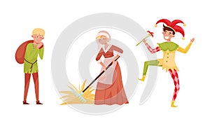 Medieval People Characters with Farmworkers and Jester Vector Set