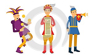 Medieval People Characters with Herald and Jester Vector Illustration Set