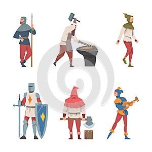 Medieval People Characters with Knight, Blacksmith, Headsman with Axe and Bard Vector Set
