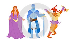 Medieval People Lady, Knight And Jester Vector