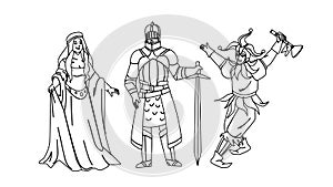 Medieval People Lady, Knight And Jester Vector