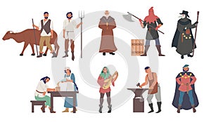 Medieval people male and female cartoon character set, flat vector isolated illustration