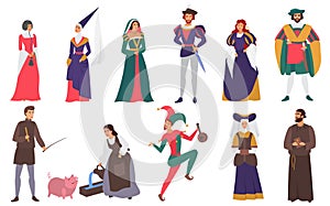 Medieval people vector illustration flat set, cartoon medieval person history collection of man woman characters in old