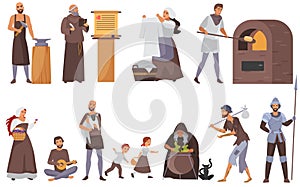 Medieval people vector illustration set, cartoon flat historical middle ages characters collection with peasant photo