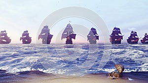 Medieval pirate ships docked at a sandy island in the vast blue ocean. The concept of sea adventures in the Middle ages