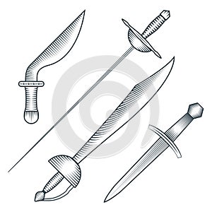 Medieval pirate sword dagger dirk engraving style illustration