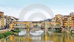 The medieval Ponte Vecchio crosses over the Arno River in Florence, Italy.