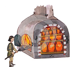 Medieval potter firing the kiln - hand drawn color illustration, part of medieval series set