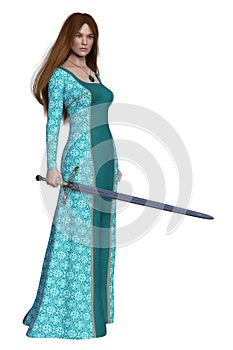 Medieval Princess Holding a Sword Isolated