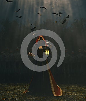 Medieval princess with lantern at night surrounded by the undead