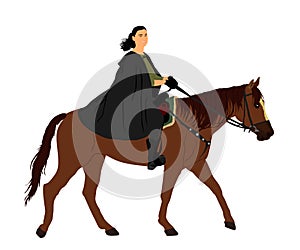 Medieval princess riding horse vector  illustration isolated on white background. Girl in cloak ride horse. Attractive woman enjoy