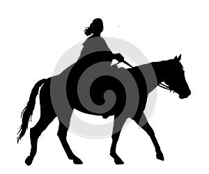 Medieval princess riding horse vector silhouette illustration isolated on white background. Girl in cloak ride horse. Attractive.