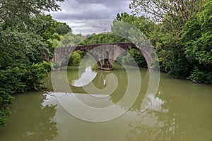 Medieval Puente de la Magdalena Bridge over Arga river in Pamplona, Spain