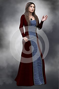 Medieval Queen in historical dress carrying a ceremonial dagger, 3D CG