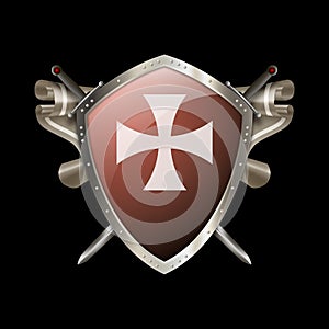 Medieval red shield with maltese cross and scroll.