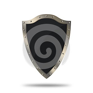 Medieval riveted shield on white background.