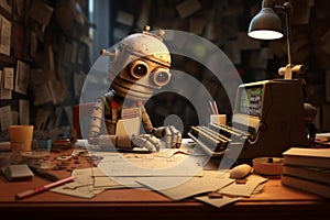 Medieval robot redactor working at typewriter. Generate ai