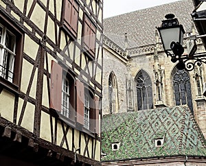 Medieval Roof Tops and Half-Timbered House Facade