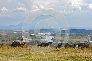 Medieval Rosafa Fortress Wall Overlooking Drin River Valley photo