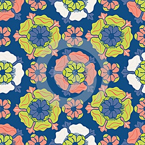 Medieval rose vector pattern seamless background. Azulejo tile style backdrop of hand drawn flower motifs. Blue red